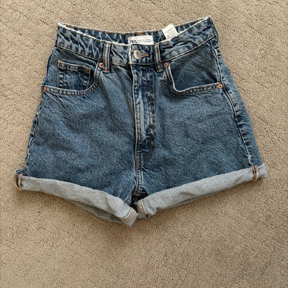 Zara Blue High-Waisted Denim Mom Shorts